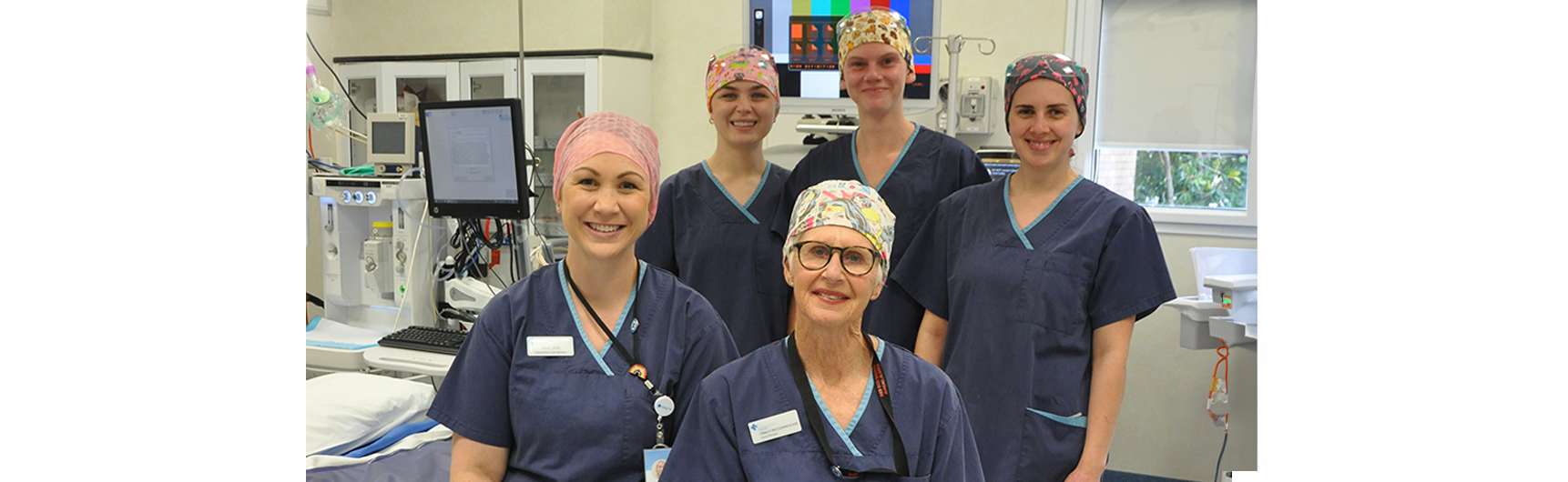 Southern Cross Healthcare wholly owned Auckland Surgical Centre team members, front left to right are Education Lead Sara Jane Lines and Theatre Services Manager Tracy McConnochie. Back left to right are new Theatre Nurses Brittany Ruddenklau, Brooke Milham and Celia Chambers, who have recently completed Periop 101