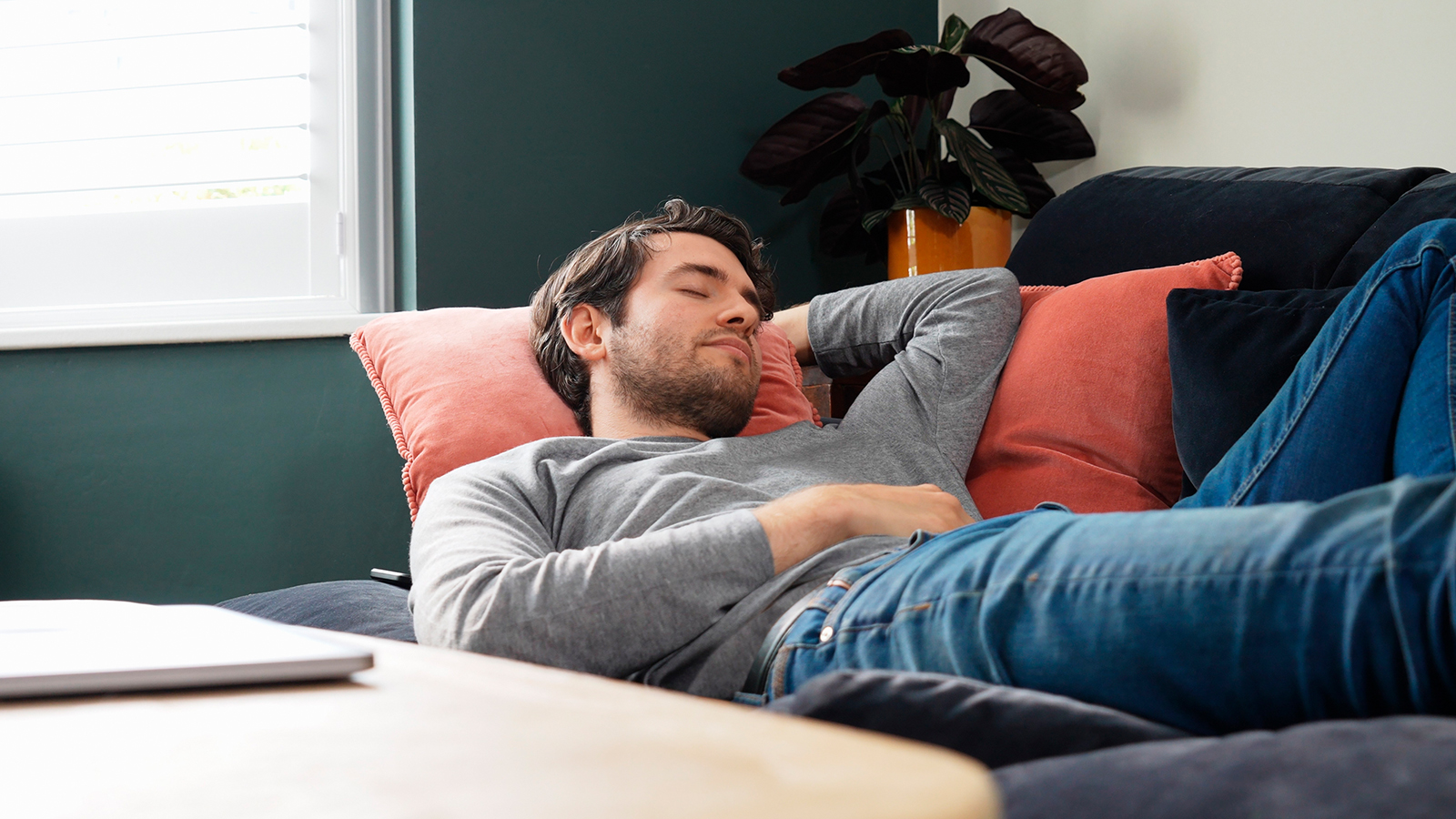 A man naps on the couch