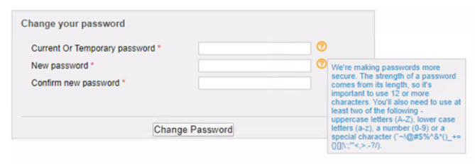 A screenshot of the password change screen from Southern Cross Provider Web