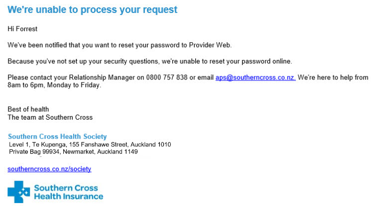 A screenshot of an email from Southern Cross Provider Web